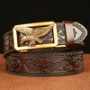 Artisan Carved Cow Leather Belt with Metal Eagle Buckle for Men