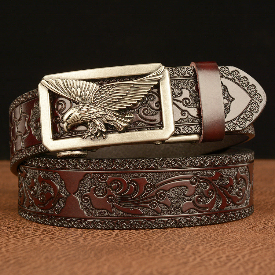 Artisan Carved Cow Leather Belt with Metal Eagle Buckle for Men