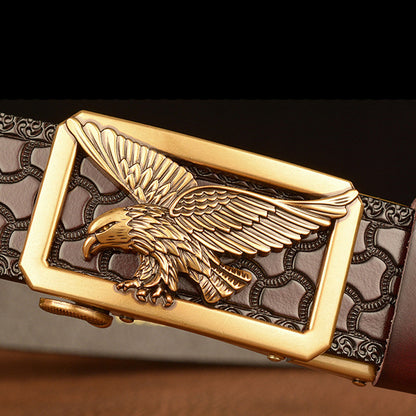 Artisan Carved Cow Leather Belt with Metal Eagle Buckle for Men