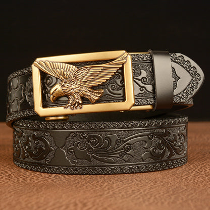 Artisan Carved Cow Leather Belt with Metal Eagle Buckle for Men