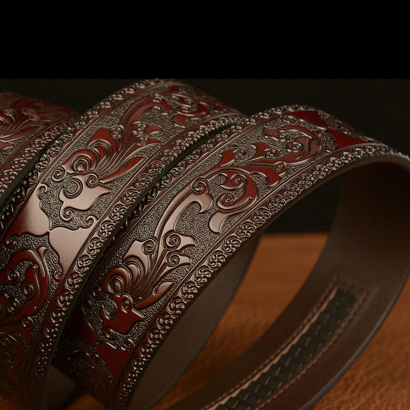 Artisan Carved Cow Leather Belt with Metal Eagle Buckle for Men