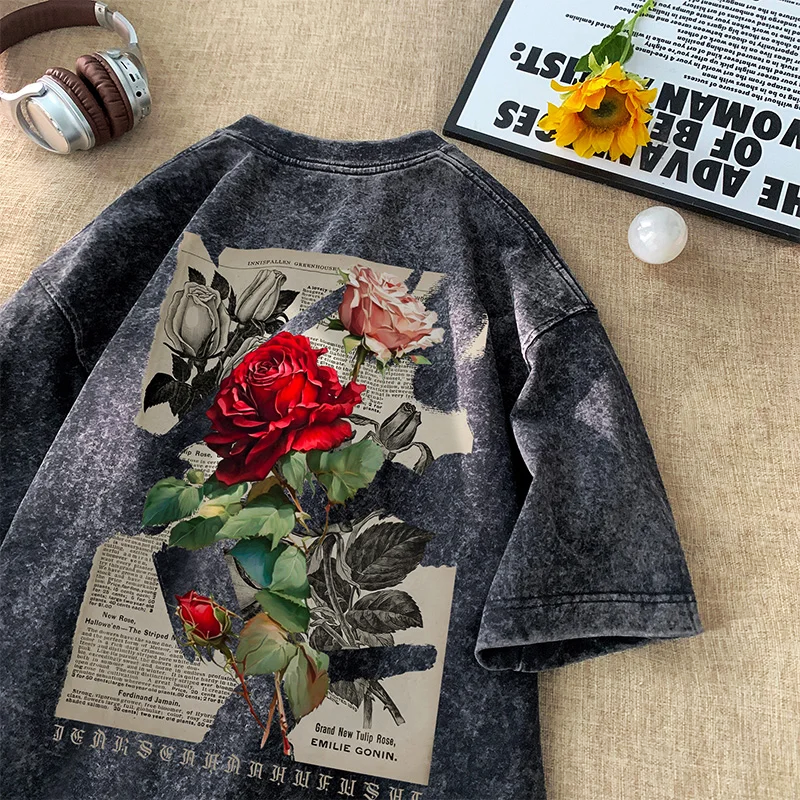 Oversized Vintage Rose Graphic T-Shirt